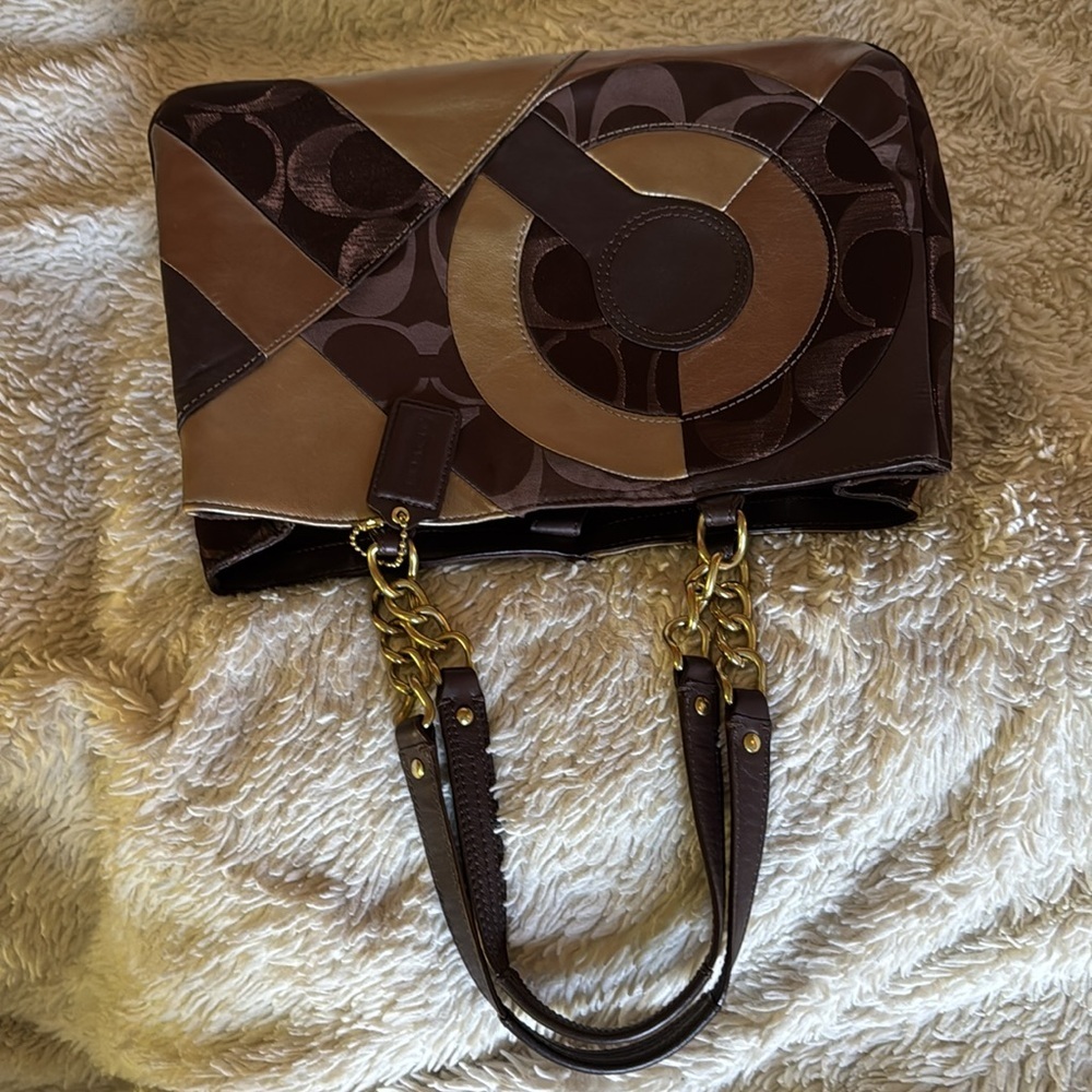 Coach Inlaid Brown Gold Patchwork Leather Chain Tote Bag F20013 - Picture 11 of 13